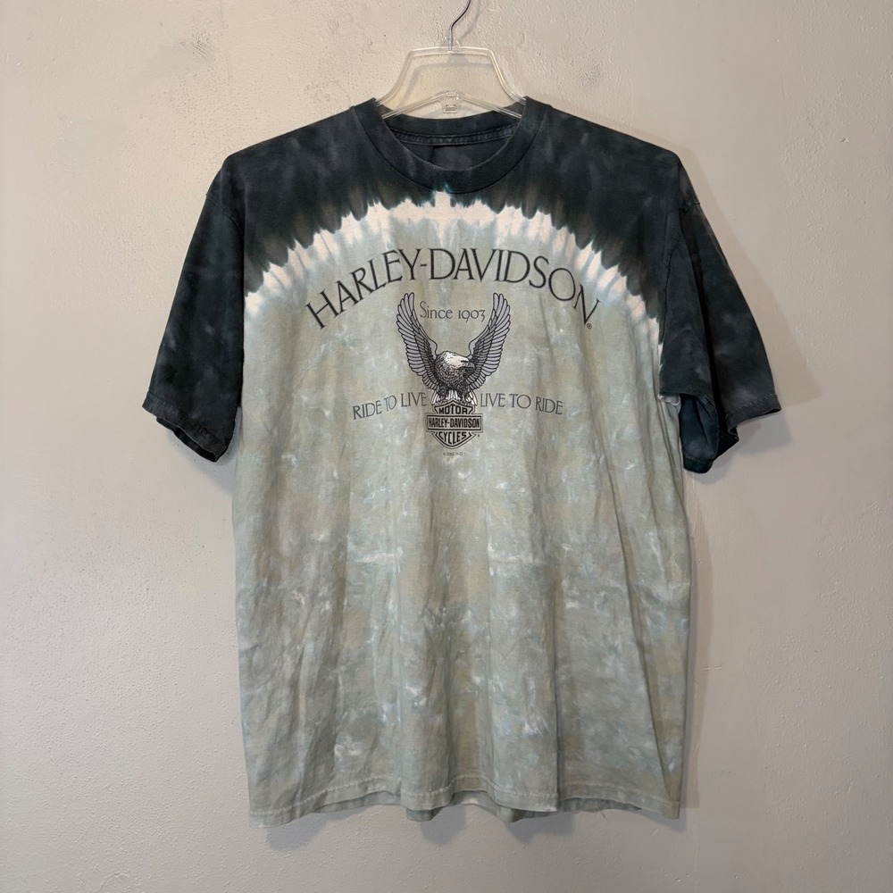 Vintage Harley Davidson T-Shirt 2002 Tie Dye Eagle Frieze O'Fallon IL Gray Mens